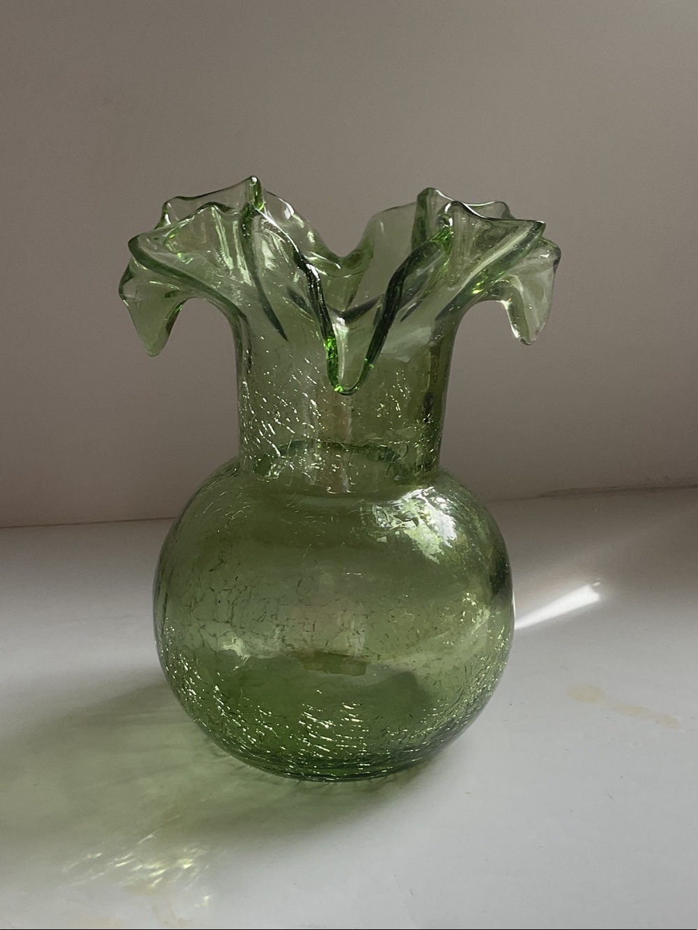 Vintage Handblown Green Ruffled Crackle Glass Vase